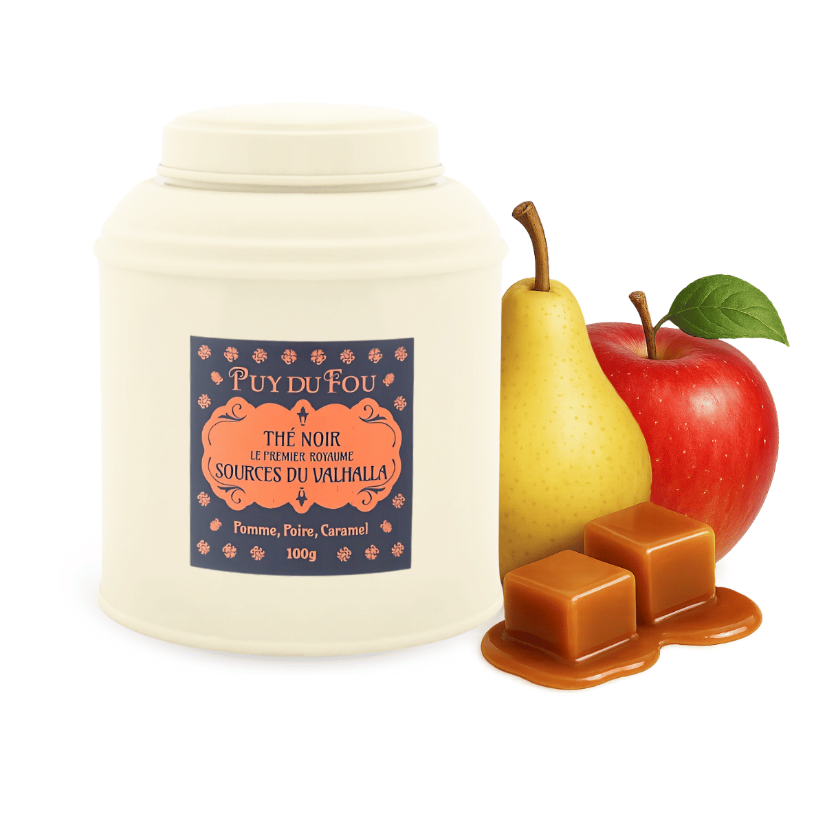 Boîte de thé noir pomme, poire et caramel Le Premier Royaume - pomme, poire et morceaux de caramel posés à côté de la boîte