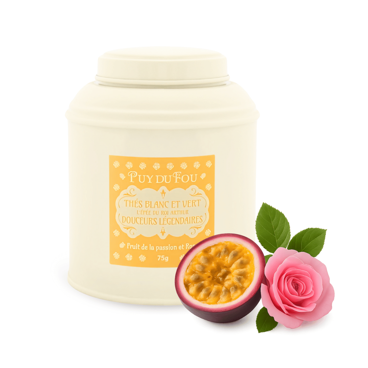 Boîte de thé blanc et vert fruit de la passion et rose - fruit de la passion et rose posés à côté de la boîte