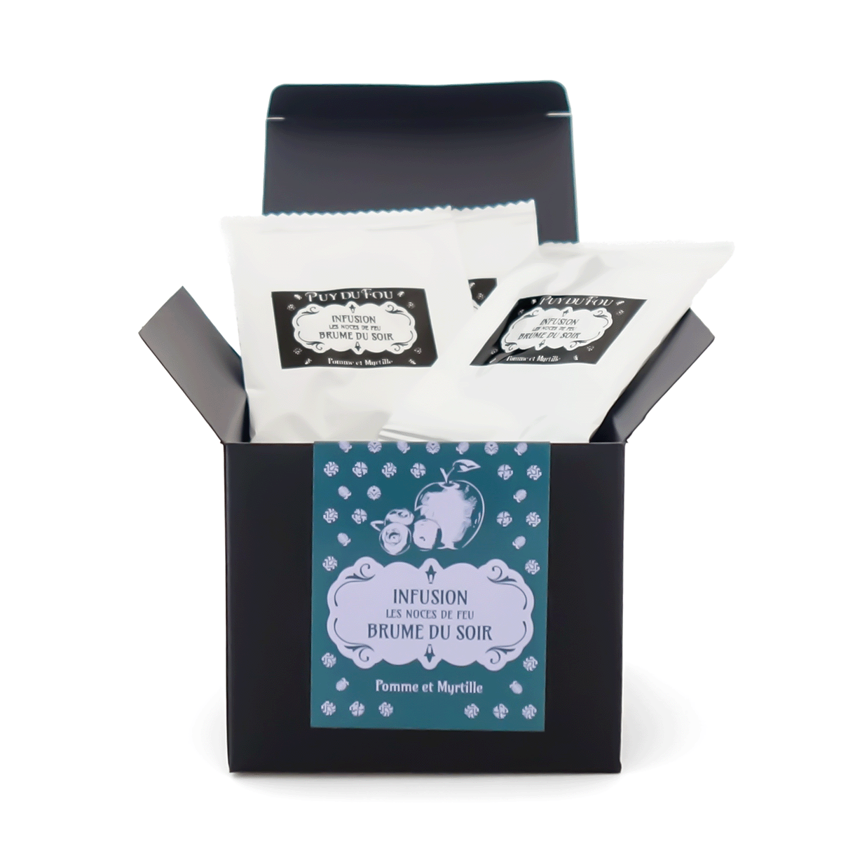 Boîte infusion pomme et myrtille Les Noces de Feu Puy du Fou ouverte – 20 infusettes enveloppées individuellement Brume du Soir
