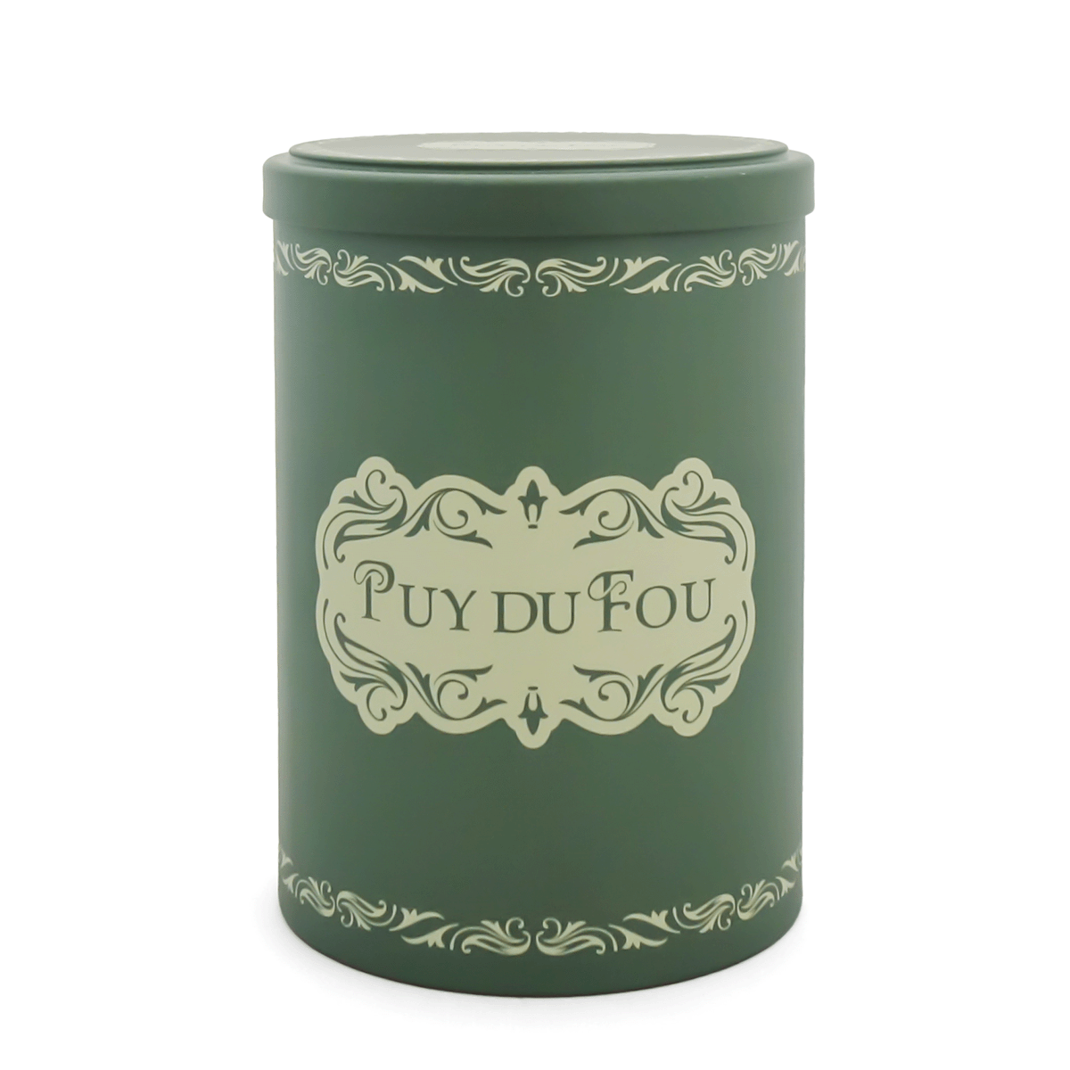 Boîte cylindrique verte et beige Puy du Fou avec couvercle, motifs rétro début XXe siècle