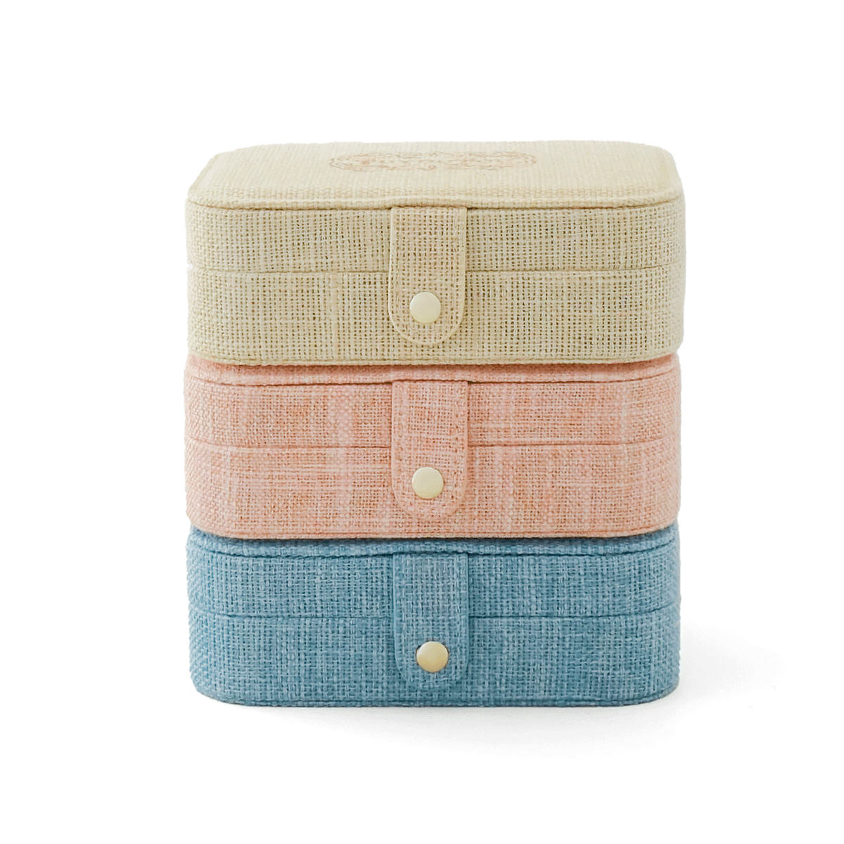 Grande boîte à bijoux lin Puy du Fou – 3 coloris beige, rose et bleu fermés, vue de face