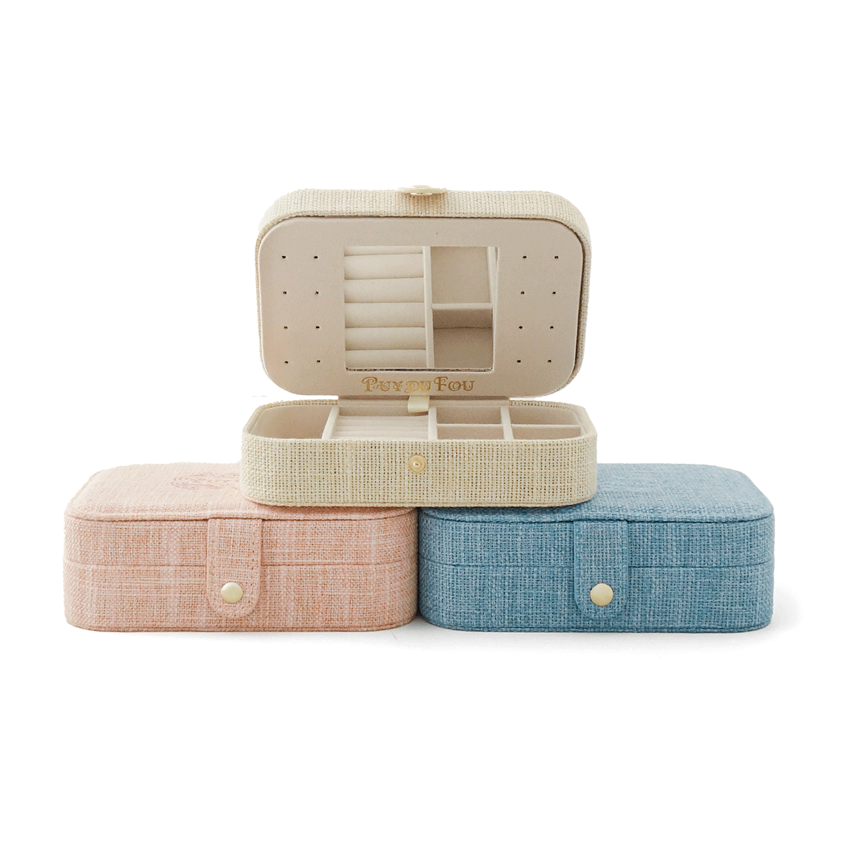 Grande boîte à bijoux lin Puy du Fou coloris beige ouverte – intérieur velours, miroir amovible et compartiments