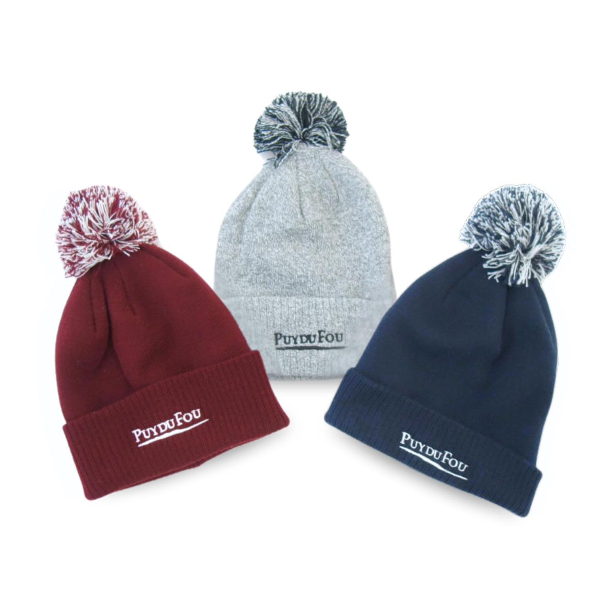 Les 3 bonnets pompons bordeaux, gris et bleu du Puy du Fou