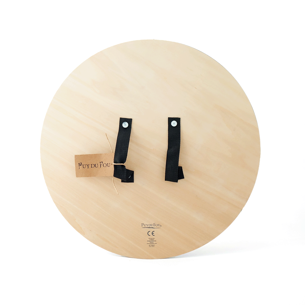 Vue arrière du bouclier viking en bois naturel clair avec deux poignées en sangles noires fixées par rivets, étiquette Puy du Fou