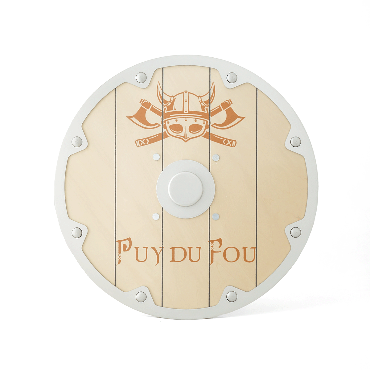 Bouclier viking en bois Puy du Fou, vue frontale avec emblème casque et logo