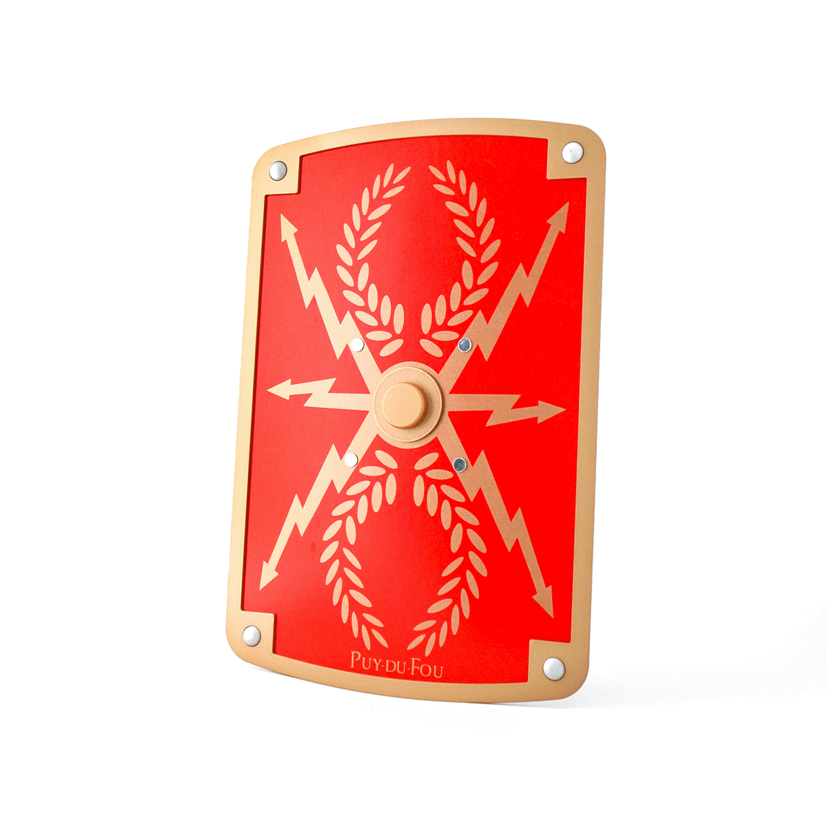 Bouclier en bois romain Puy du Fou vue d'angle montrant la forme et les détails décoratifs inspirés du spectacle Le Signe du Triomphe