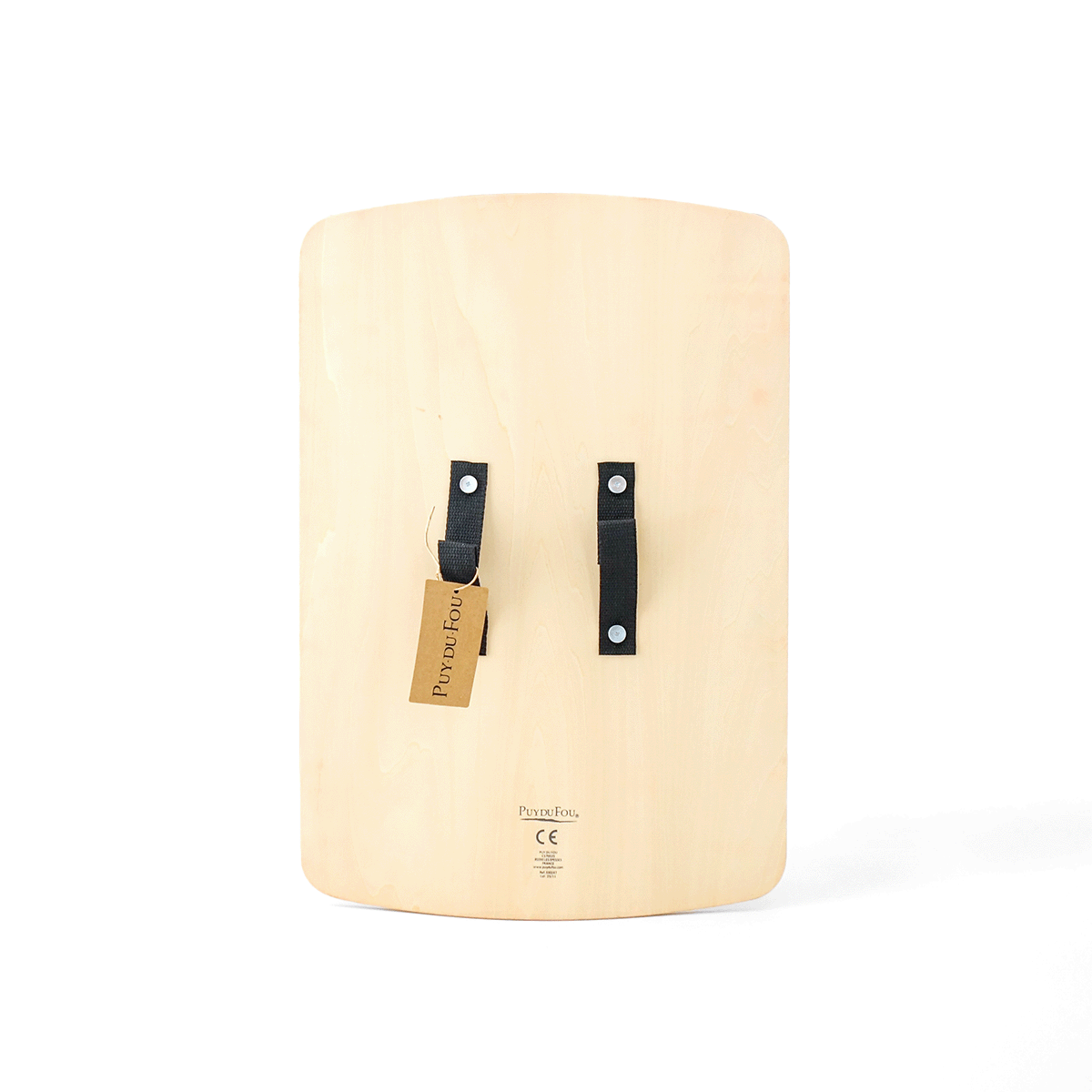 Dos du bouclier romain Puy du Fou en bois naturel avec sangles de portage noires et étiquette collection officielle