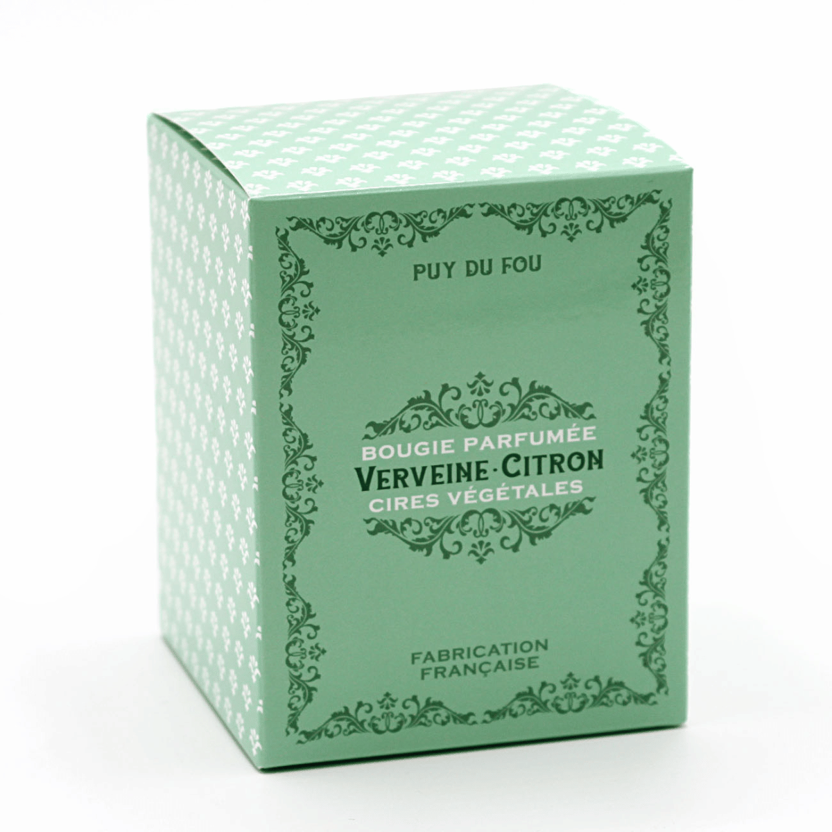 Emballage cartonné d'une bougie parfumée à la verveine et au citron sur fond blanc, boutique officielle du Puy du Fou.