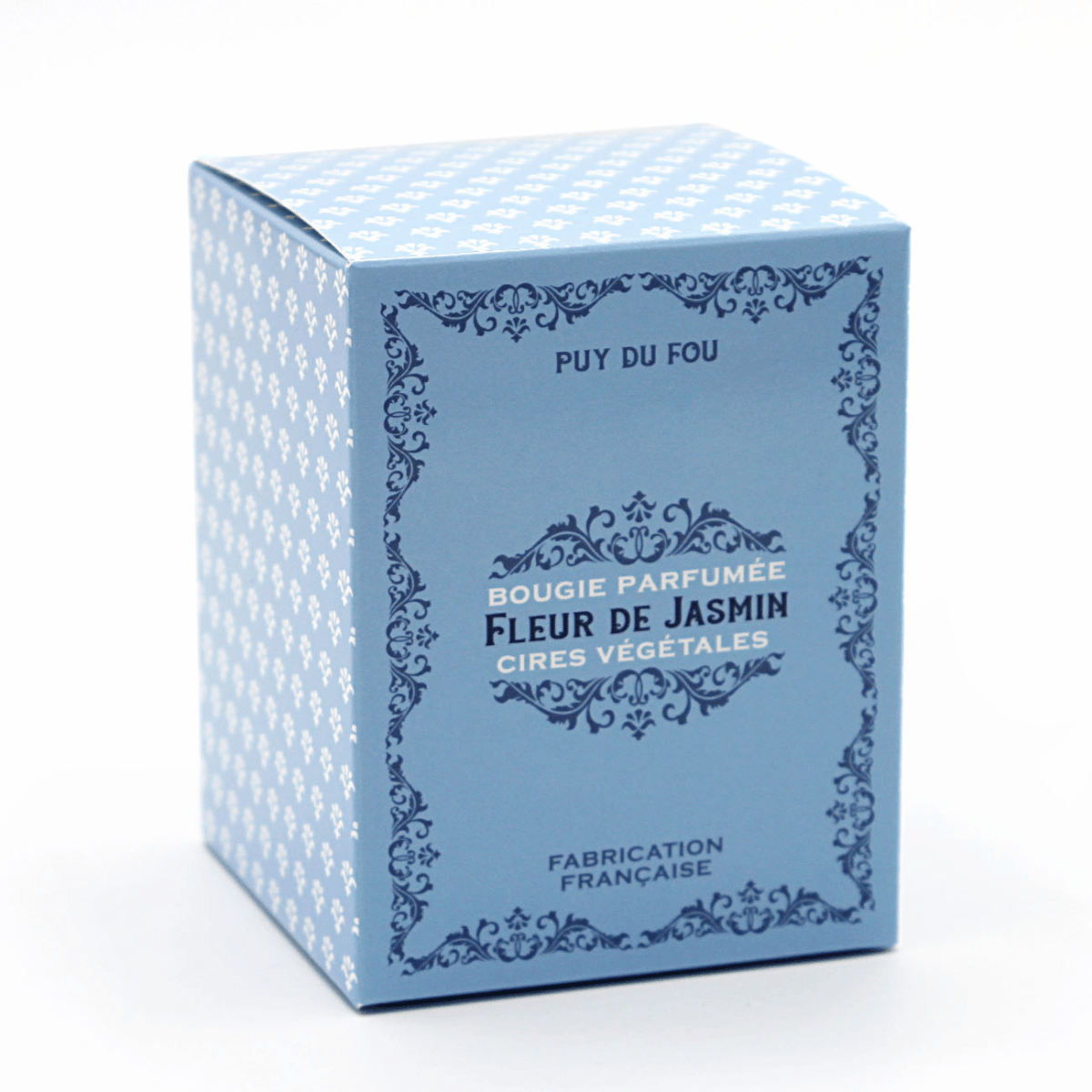 Emballage cartonné bleu pour une bougie parfumée à la fleur de jasmin, boutique officielle du Puy du Fou.
