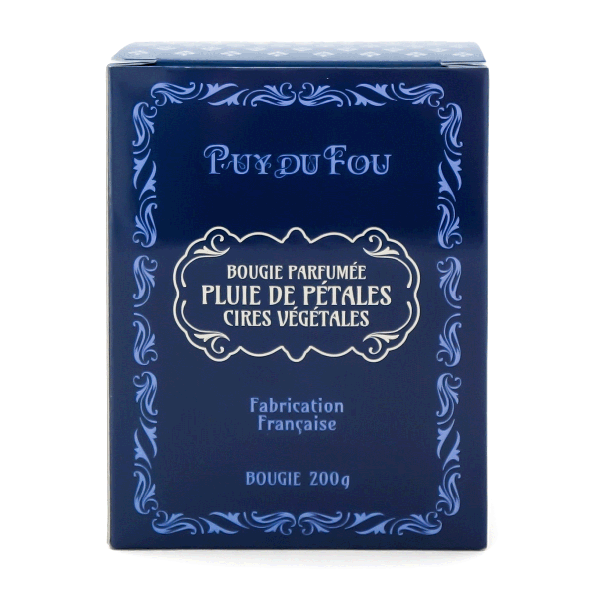 Boîte bougie parfumée Pluie de Pétales Puy du Fou – design Belle Époque bleu marine – cires végétales 200g fabrication française