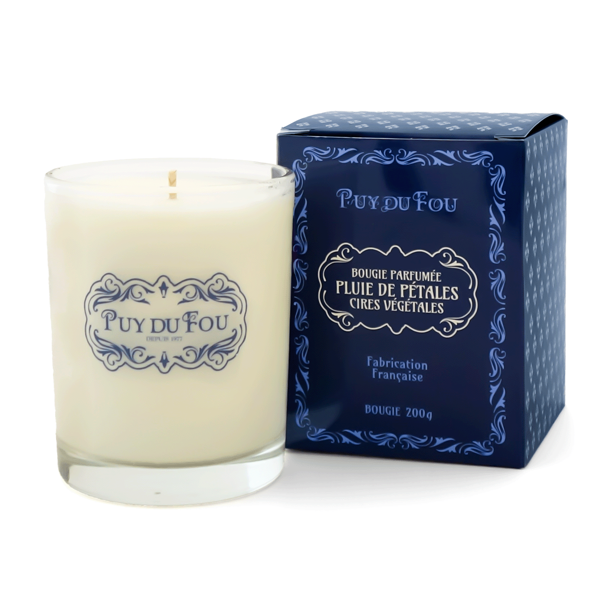 Bougie parfumée Pluie de Pétales Puy du Fou 200g – cires végétales fabriquées en France – présentation avec boîte bleu marine