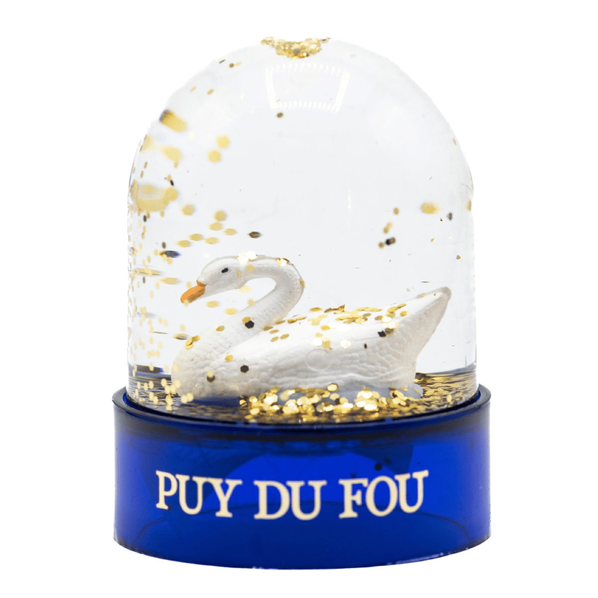 Boule à neige représentant un cygne blanc, paillettes dorées, inspirée du spectacle Les Noces de Feu, boutique officielle du Puy du Fou.
