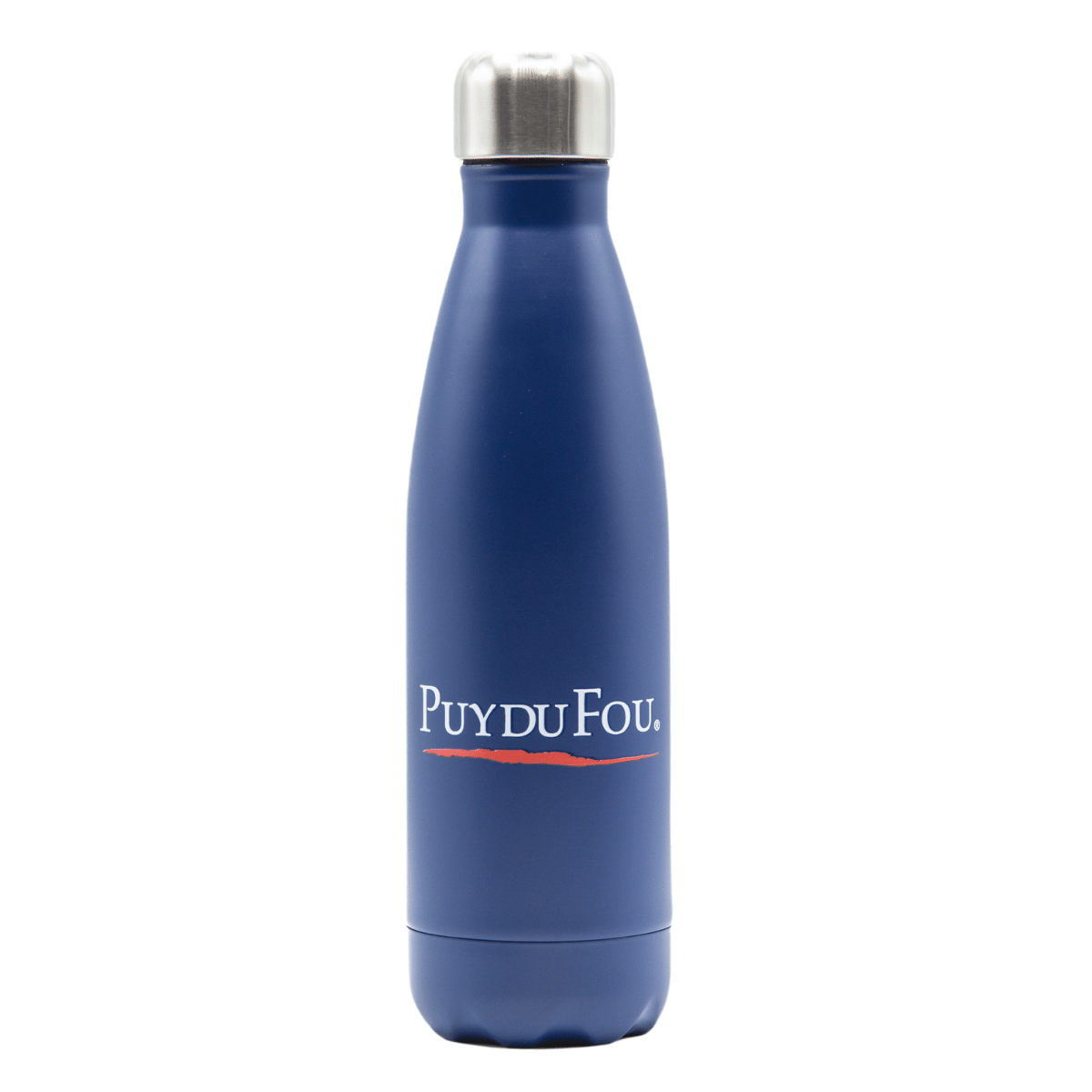Bouteille isotherme bleue, design simple et pratique, sur fond blanc, boutique officielle du Puy du Fou.