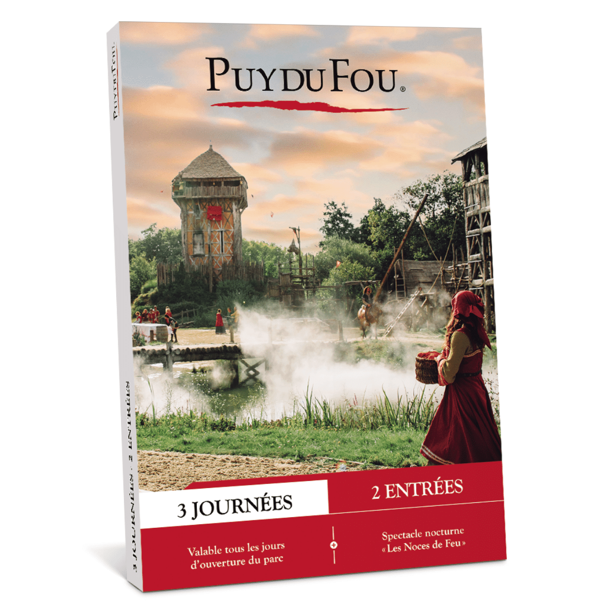 Coffret cadeau séjour Puy du Fou incluant 3 journées consécutives de découvertes immersives pour 2 adultes, avec billets d’entrée valables tous les jours d’ouverture du parc et places pour le spectacle nocturne Les Noces de Feu, en vente sur la boutique o