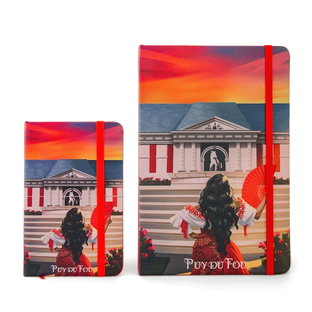 Carnets A5 et A6 Mousquetaire de Richelieu Puy du Fou fermés avec élastique rouge, Sérafina illustrée en couverture rigide