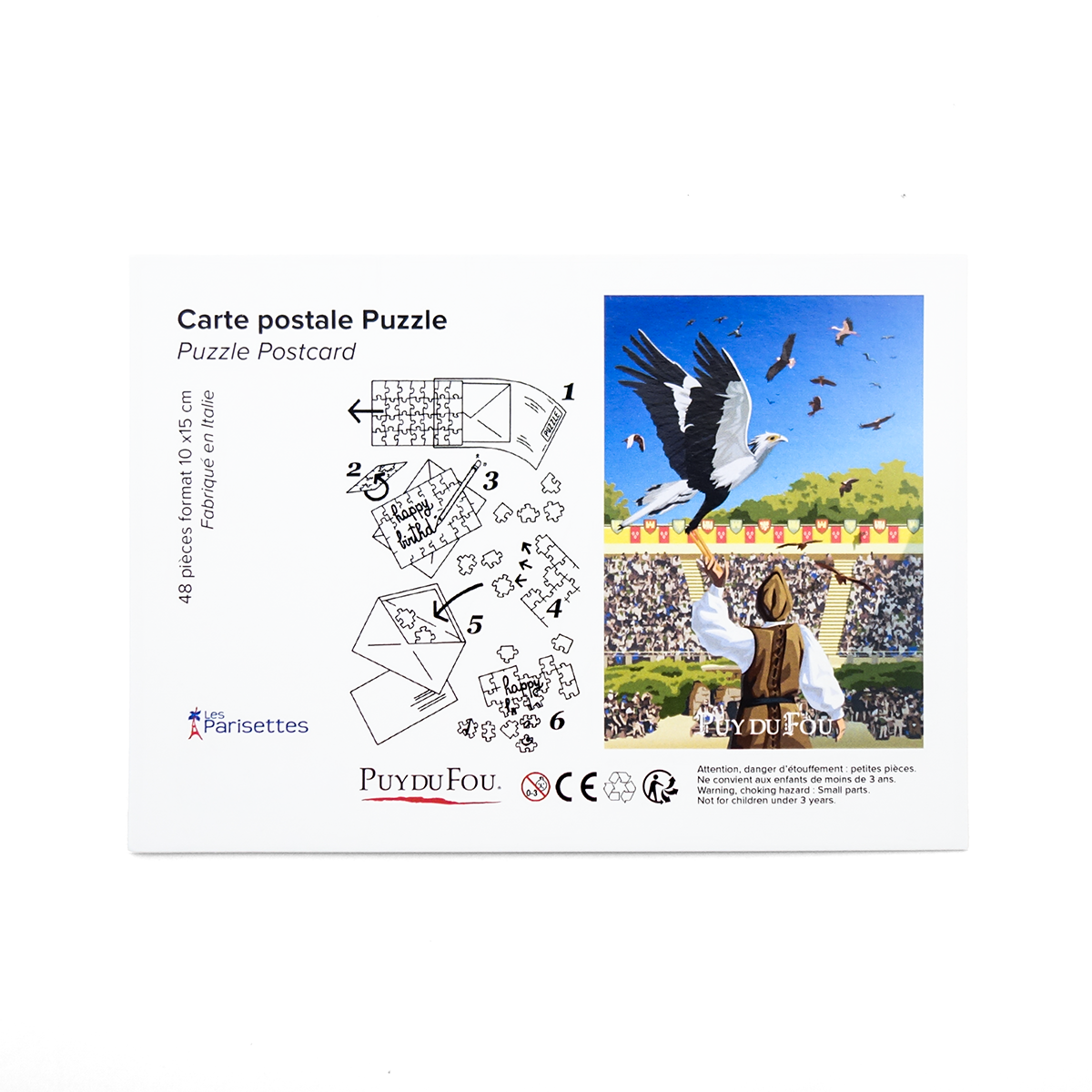 Dos de carte des instructions illustrées en 6 étapes de la carte postale puzzle Bal des Oiseaux Fantômes