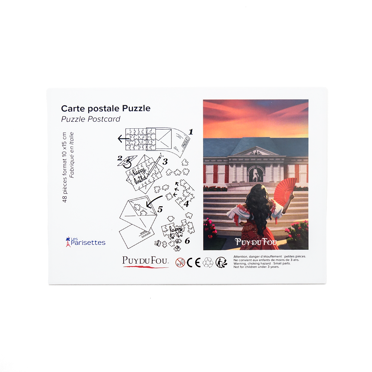 Mode d'emploi en 6 étapes illustrées et logos Puy du Fou et Parisettes de la carte postale puzzle Mousquetaire de Richelieu