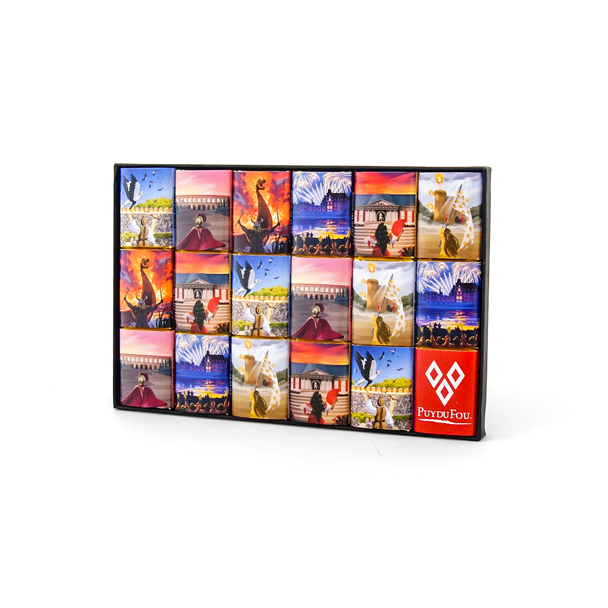Coffret 18 mini chocolats Puy du Fou vu de trois quarts, tablettes illustrées des spectacles du Puy du Fou