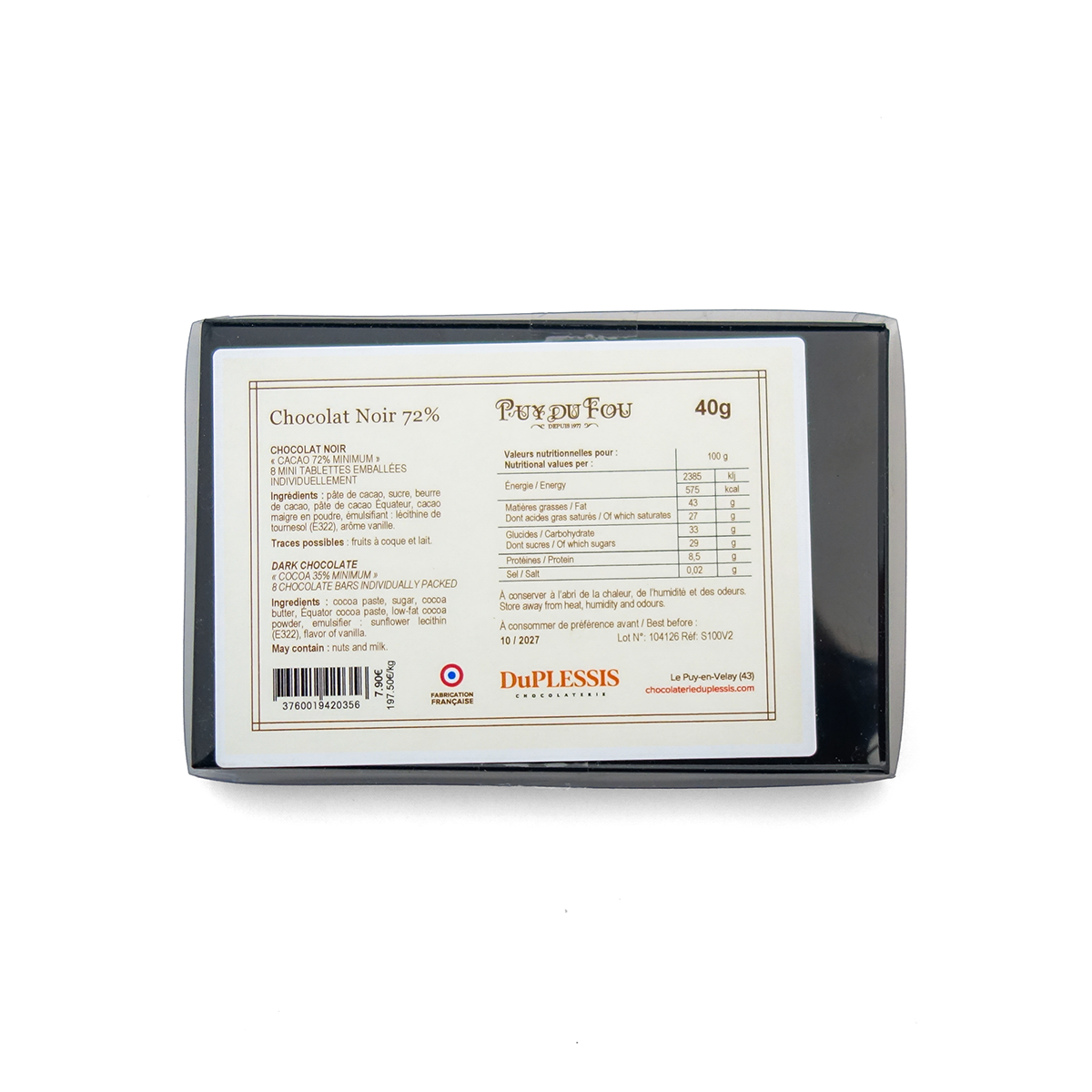 Dos du coffret chocolat noir 72% Puy du Fou avec étiquette comprenant ingrédients et valeurs nutritionnelles