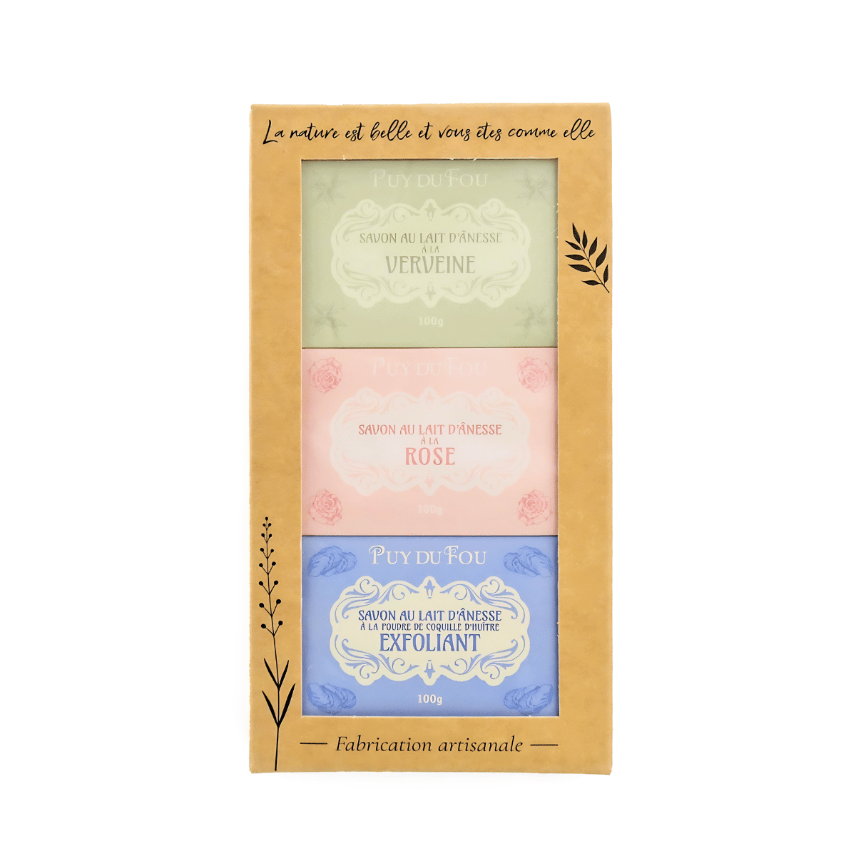 Coffret cadeau 3 savons au lait d'ânesse Puy du Fou, fabrication artisanale, présenté dans un emballage kraft