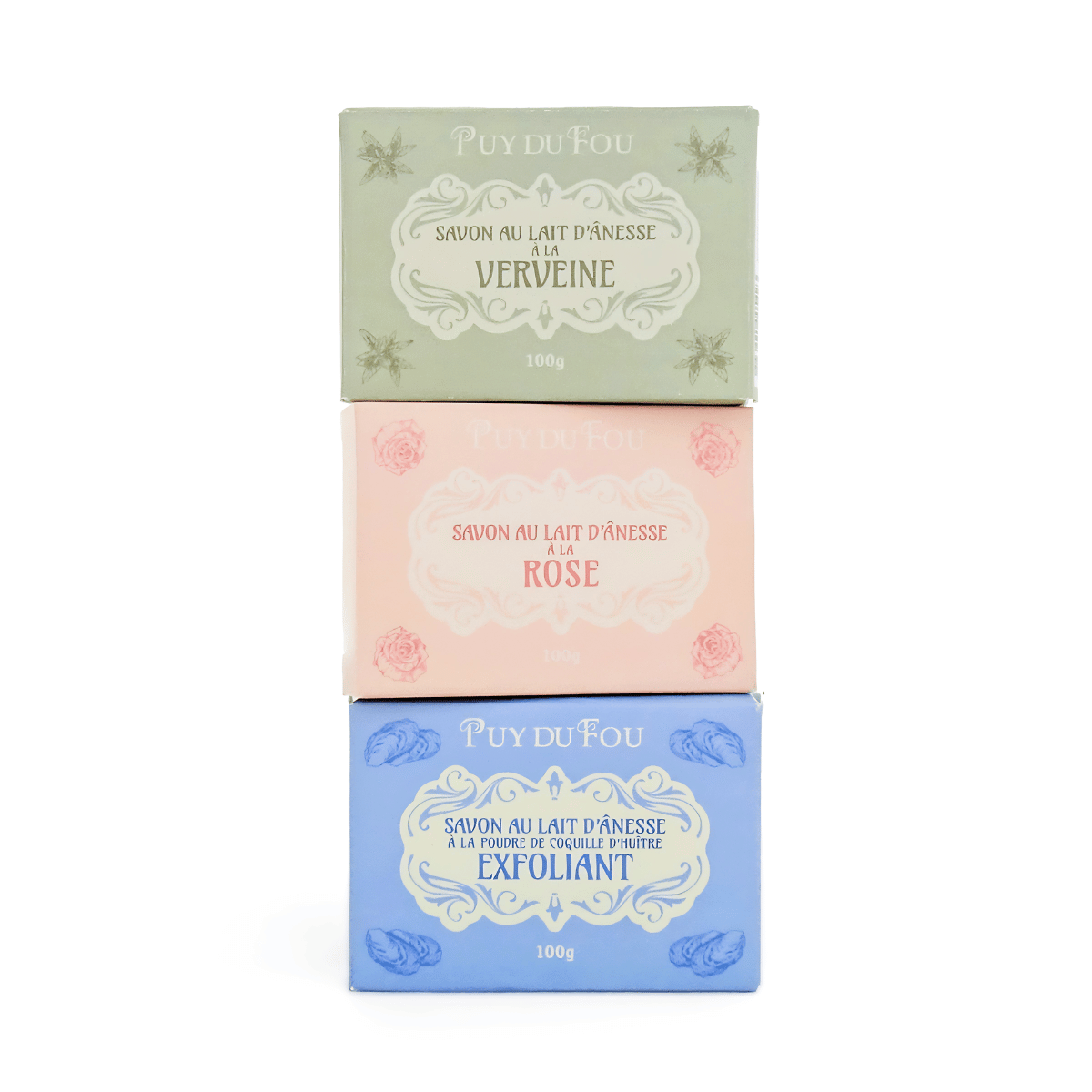 Trois savons artisanaux au lait d'ânesse Puy du Fou – verveine, rose et exfoliant à la poudre de coquille d'huître, 100 g chacun