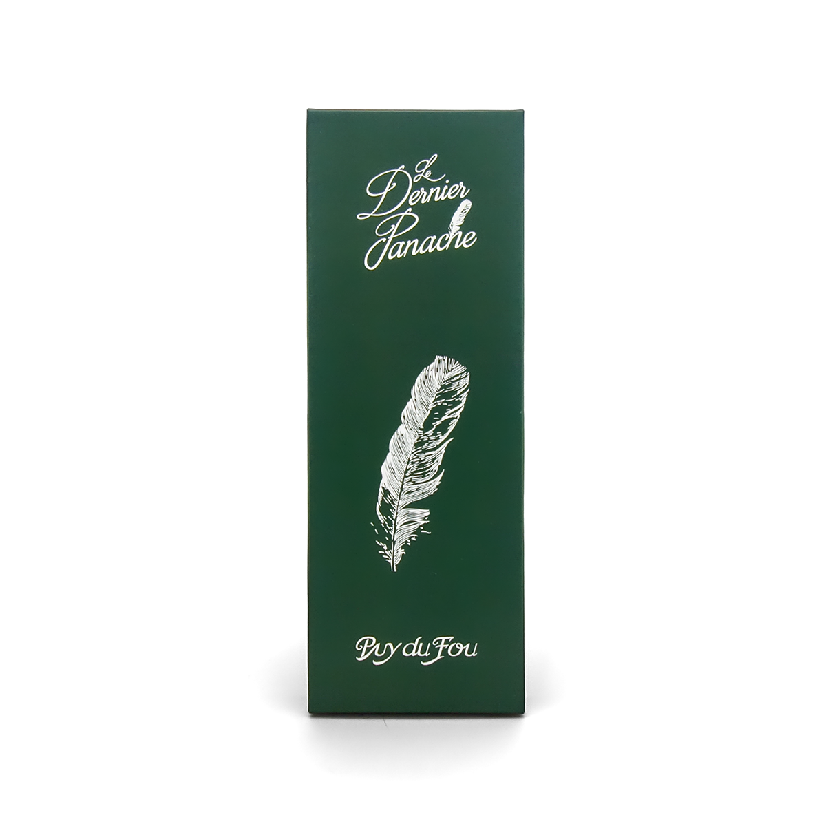 Boîte coffret plume et fiole Le Dernier Panache Puy du Fou, écrin vert avec illustration plume et signature cursive Puy du Fou