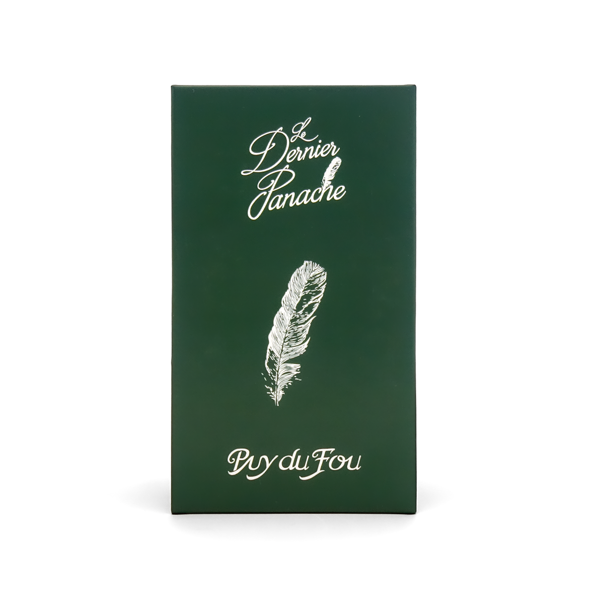 Boîte coffret Le Dernier Panache Puy du Fou, écrin vert avec illustration d'une plume et signature cursive Puy du Fou