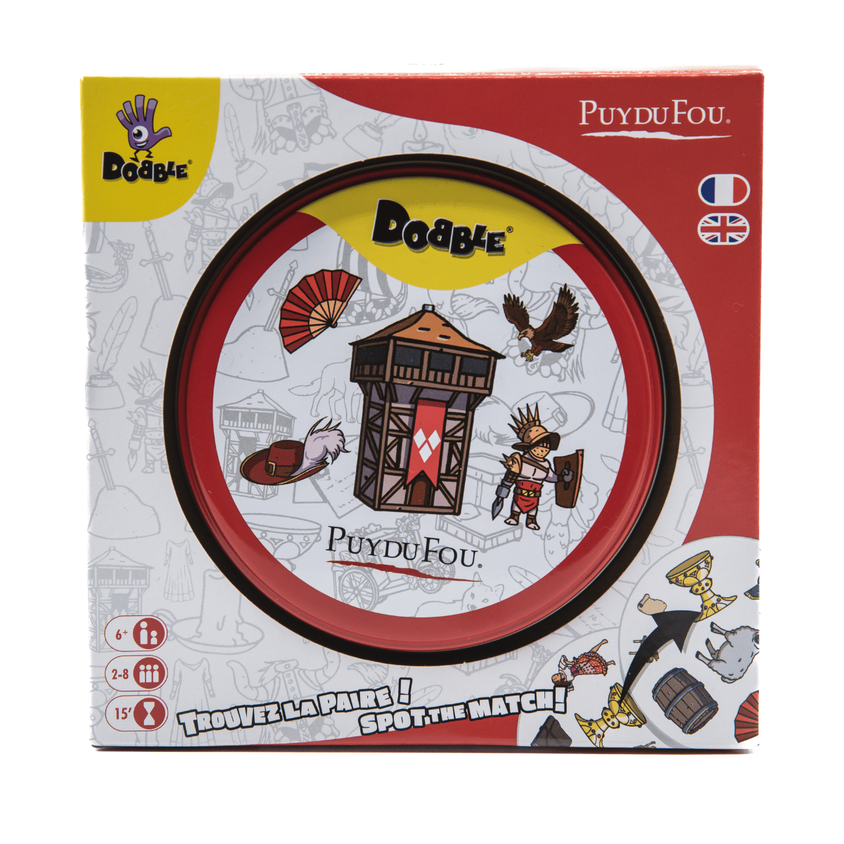 Jeu de société Dobble Puy du Fou avec un design coloré et ludique sur son emballage, boutique officielle du Puy du Fou.