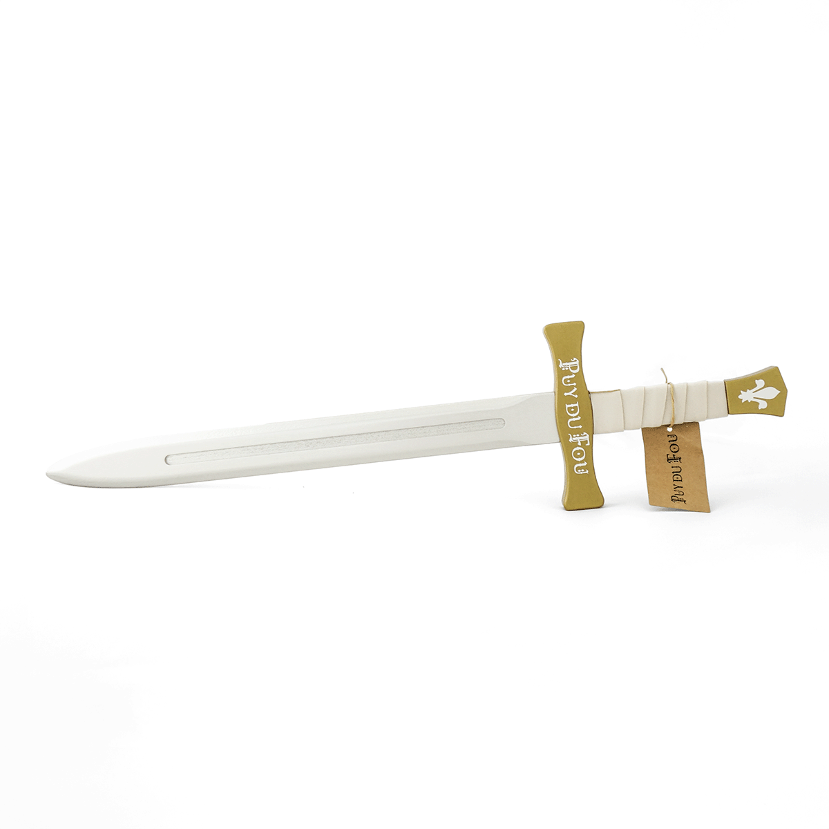 Épée médiévale blanche en bois 58 cm, vue de profil avec étiquette Puy du Fou et détails de la poignée enroulée
