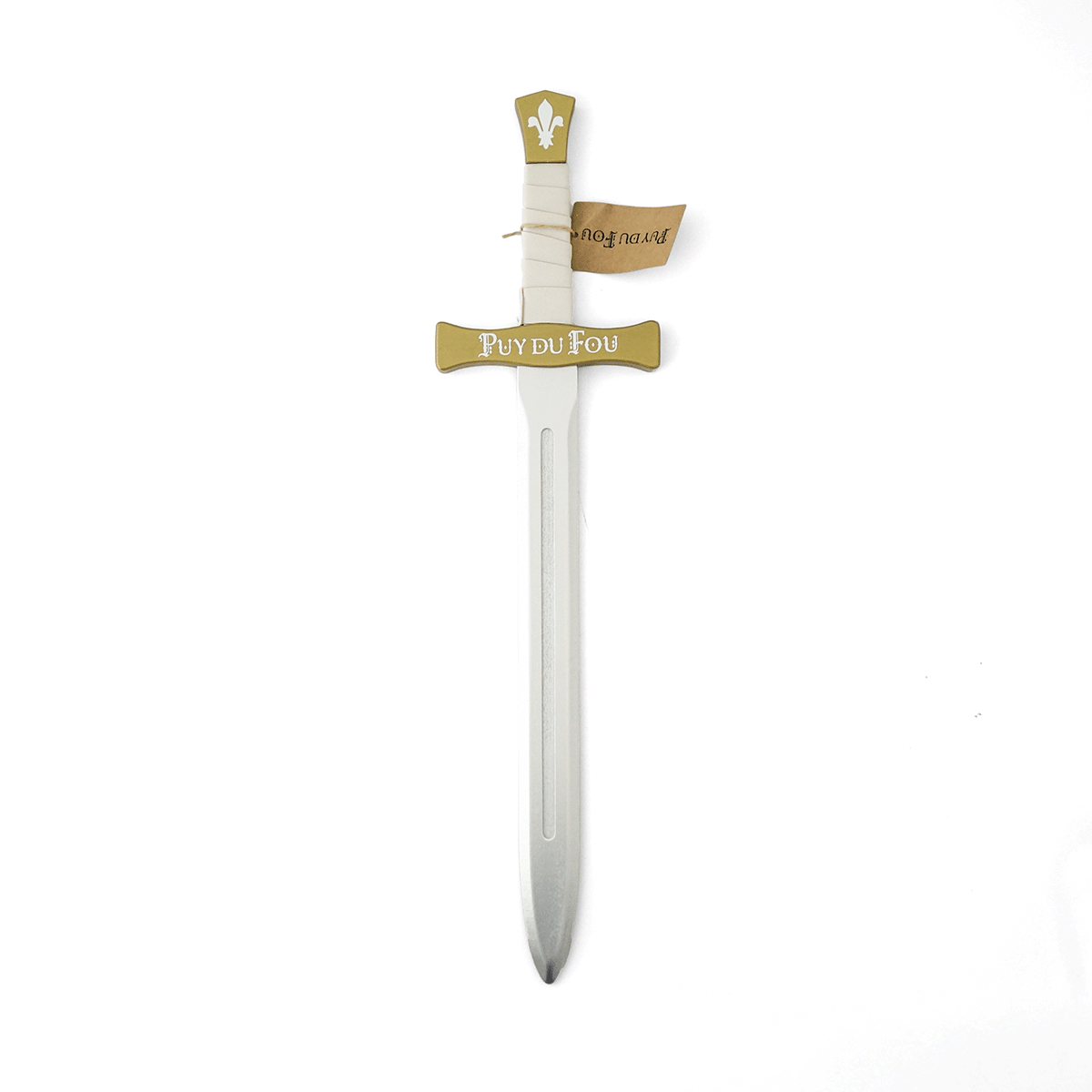 Épée en bois Jeanne d'Arc Le Secret de la Lance, vue de face complète avec pommeau fleur de lys et garde Puy du Fou dorée
