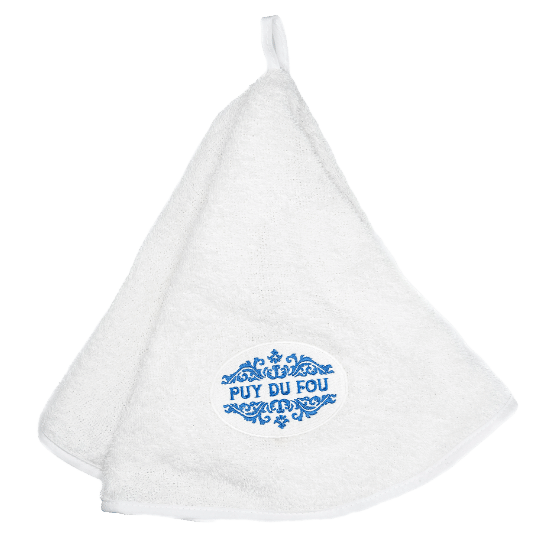 Essuie-mains en coton blanc avec logo Puy du Fou, taille standard, motif simple, ,boutique officielle du Puy du Fou.