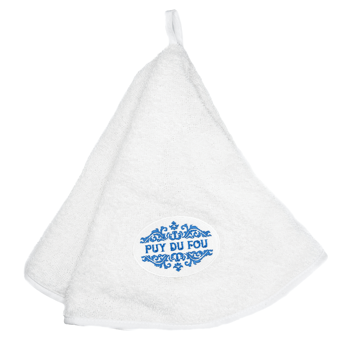 Essuie-mains en coton blanc avec logo Puy du Fou, taille standard, motif simple, ,boutique officielle du Puy du Fou.