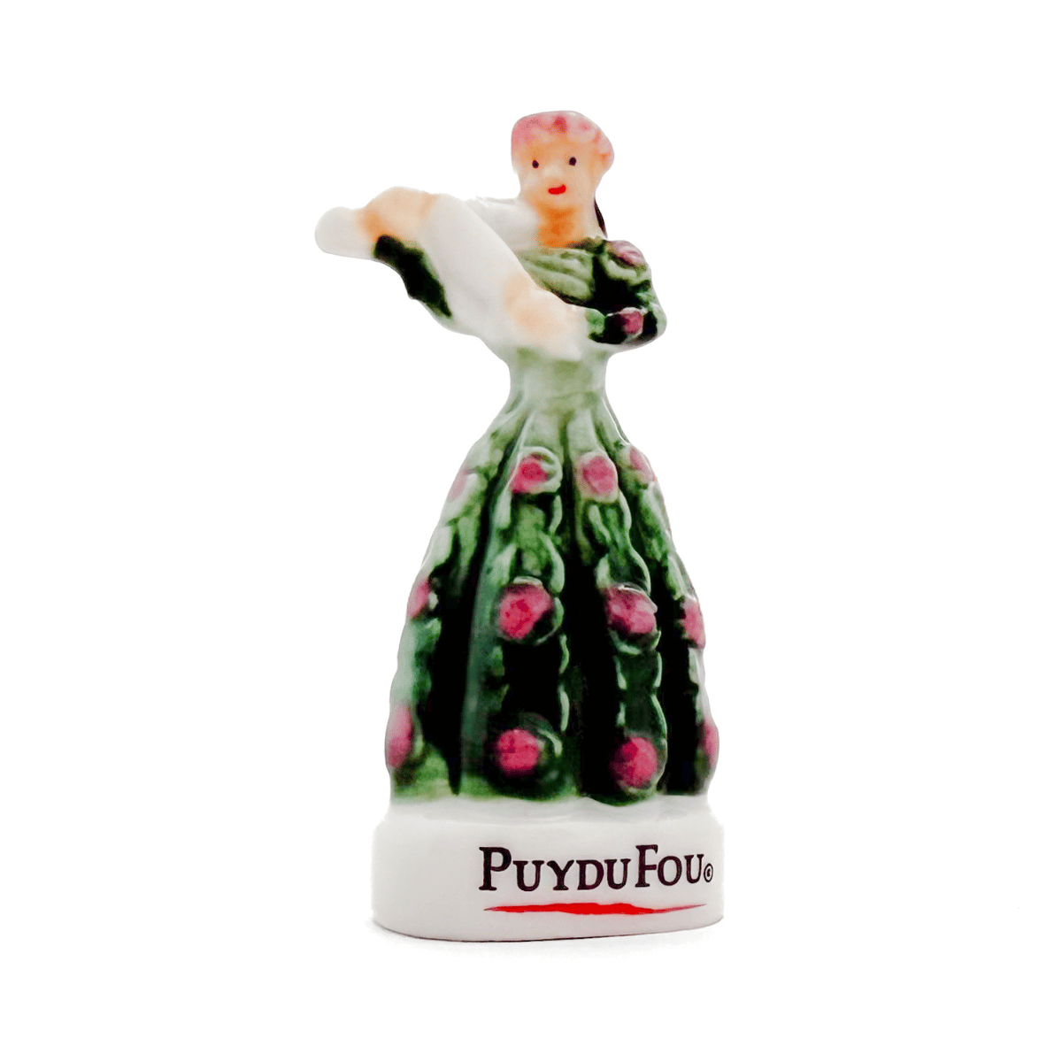 Fève La Muse en porcelaine Puy du Fou, figurine femme en robe verte tenant un violon, vue de face.