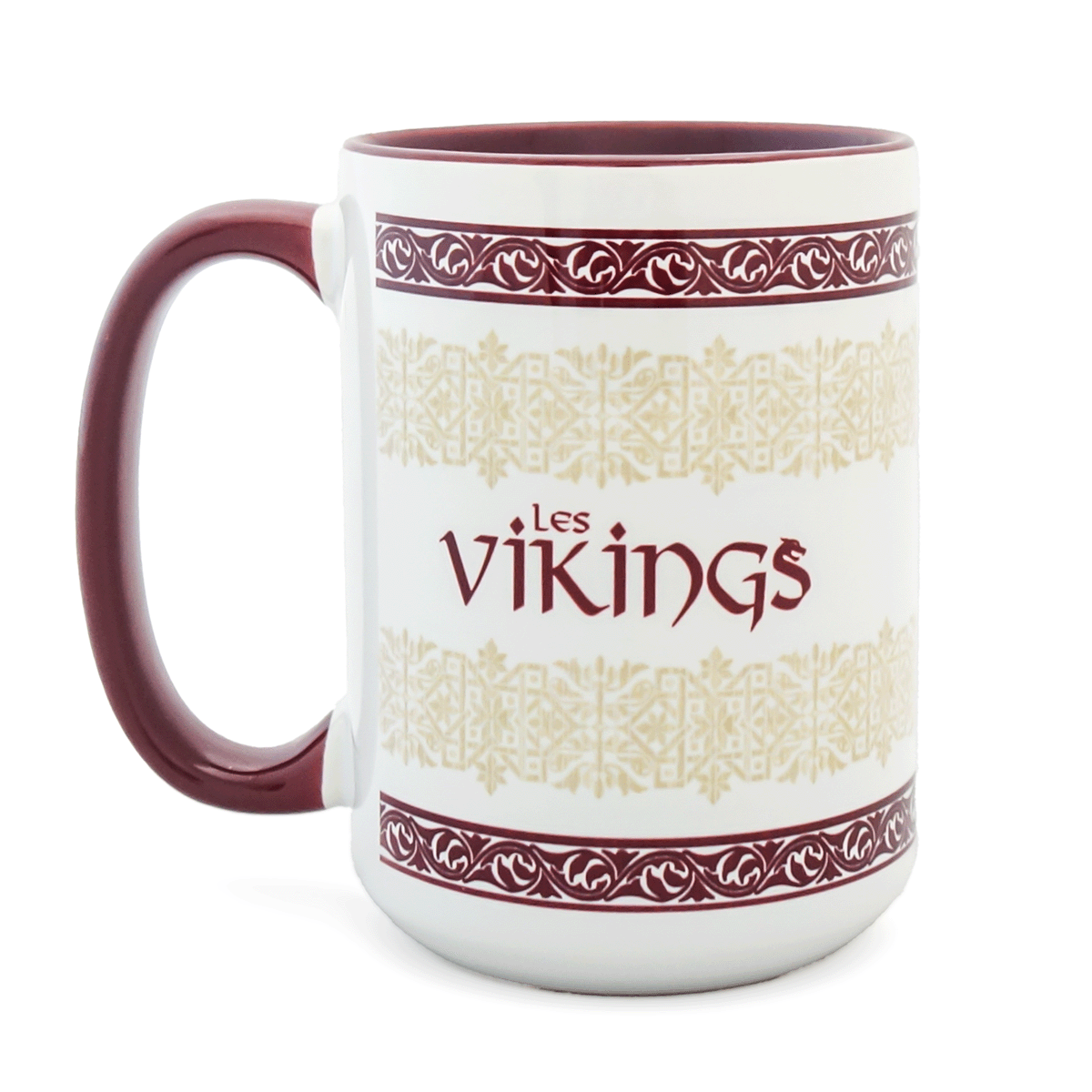 Détail du grand mug céramique Les Vikings Puy du Fou, bandes de motifs géométriques dorés et bordures bordeaux inspirés du costume de Sybèle