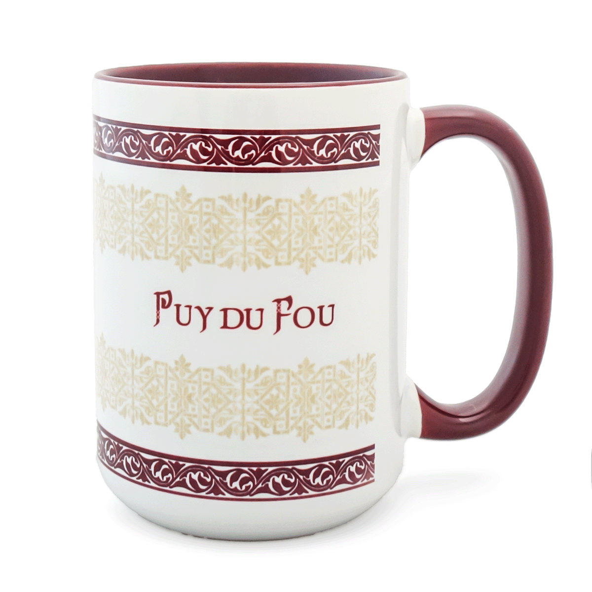 Grand mug Sybèle Puy du Fou, face avec signature et motifs inspirés de la robe de mariée de l'an 1000