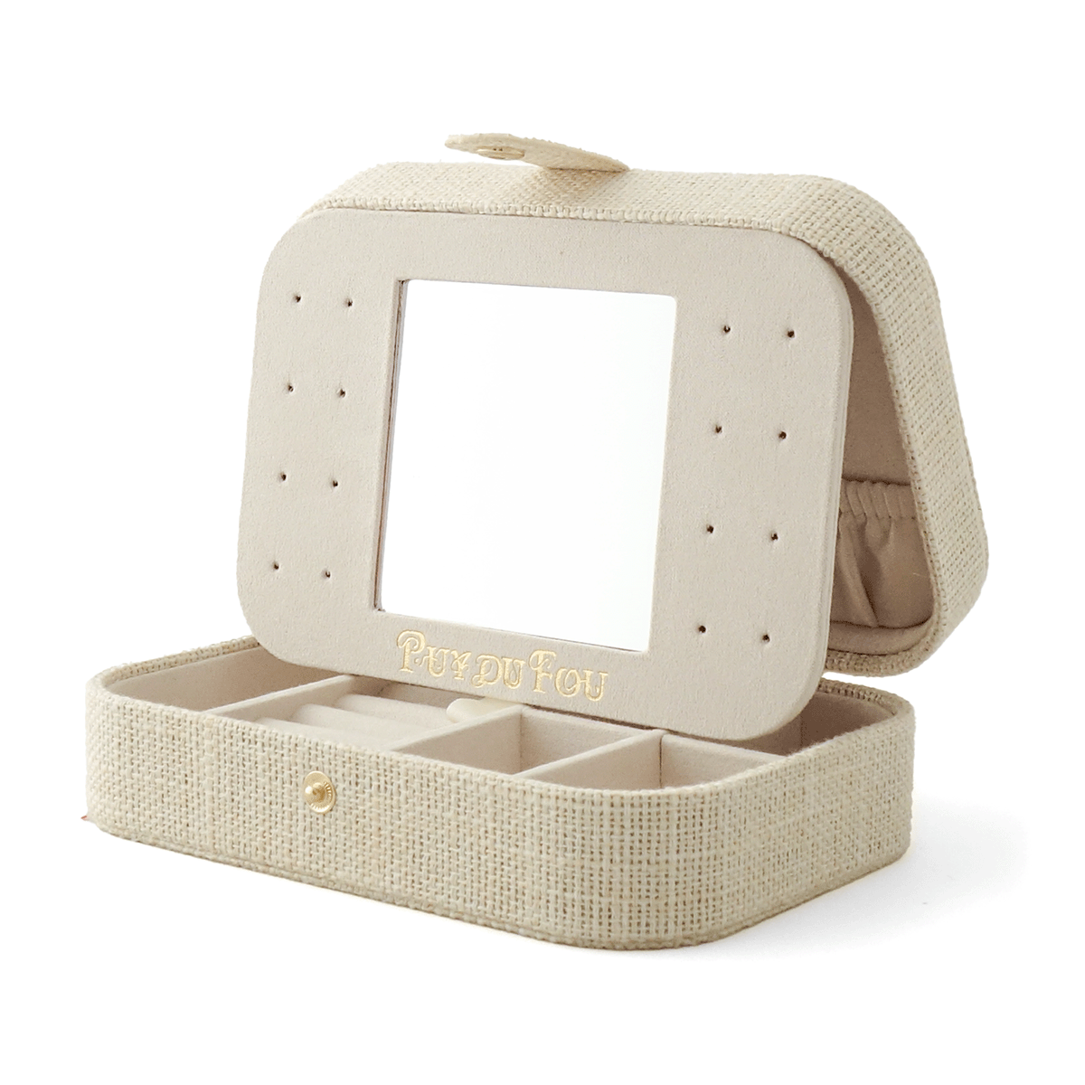 Grande boîte à bijoux lin Puy du Fou coloris beige ouverte – miroir amovible et intérieur velours