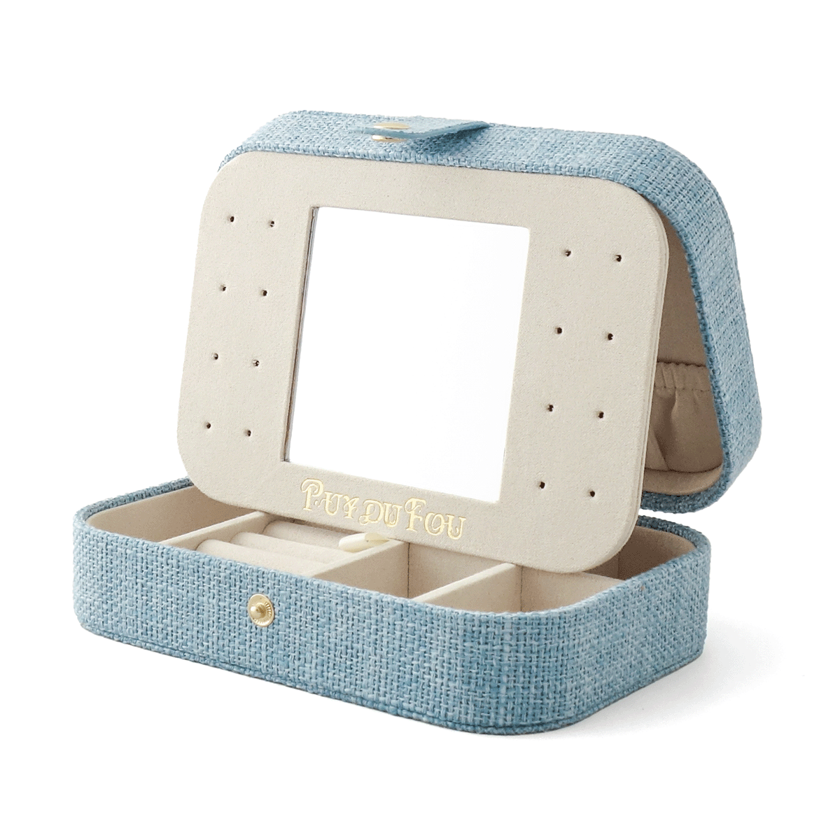 Grande boîte à bijoux lin Puy du Fou coloris bleu ouverte – miroir amovible et compartiments velours