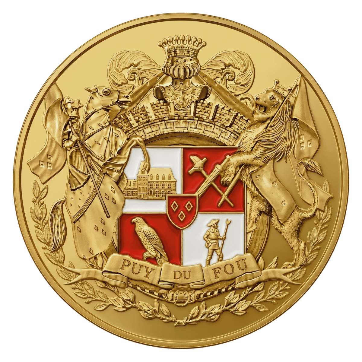 Jeton touristique Armoiries Puy du Fou – face avant détaillée avec chevalier, lion couronné, faucon, château et soldat, émaux rouge et blanc, Monnaie de Paris