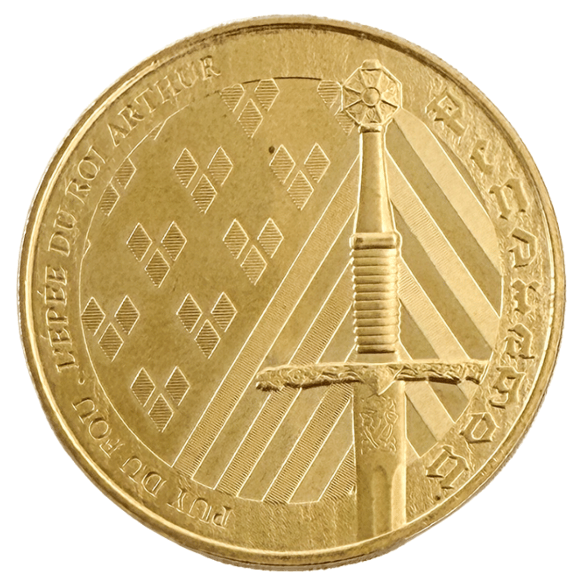 Jeton touristique L'Épée du Roi Arthur Puy du Fou édition 2026, frappée par la Monnaie de Paris – face avant gravée avec Excalibur et motif mâcles