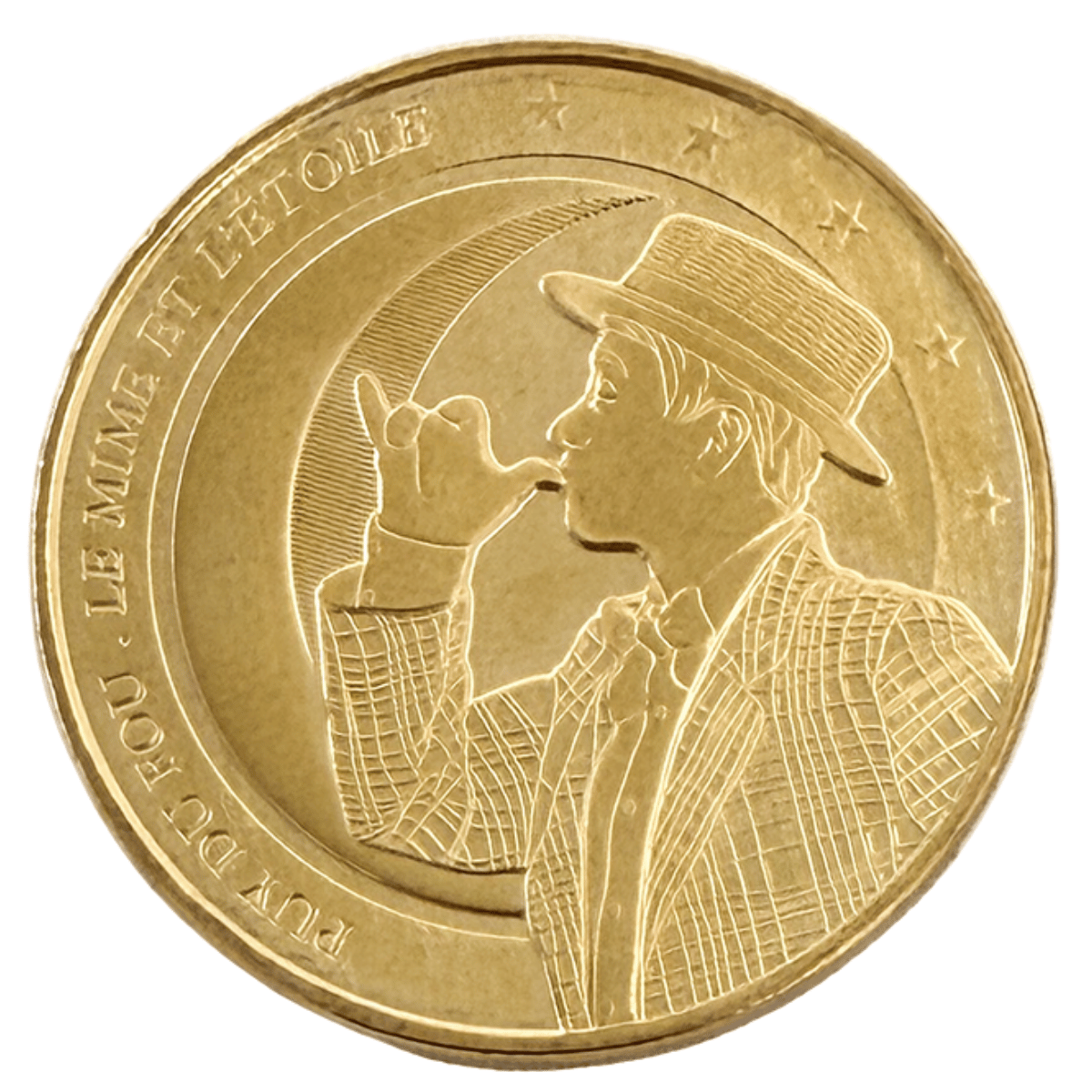 Jeton touristique Puy du Fou Le Mime et l'Étoile – face dorée avec le mime sur fond de lune et étoiles, frappé par la Monnaie de Paris