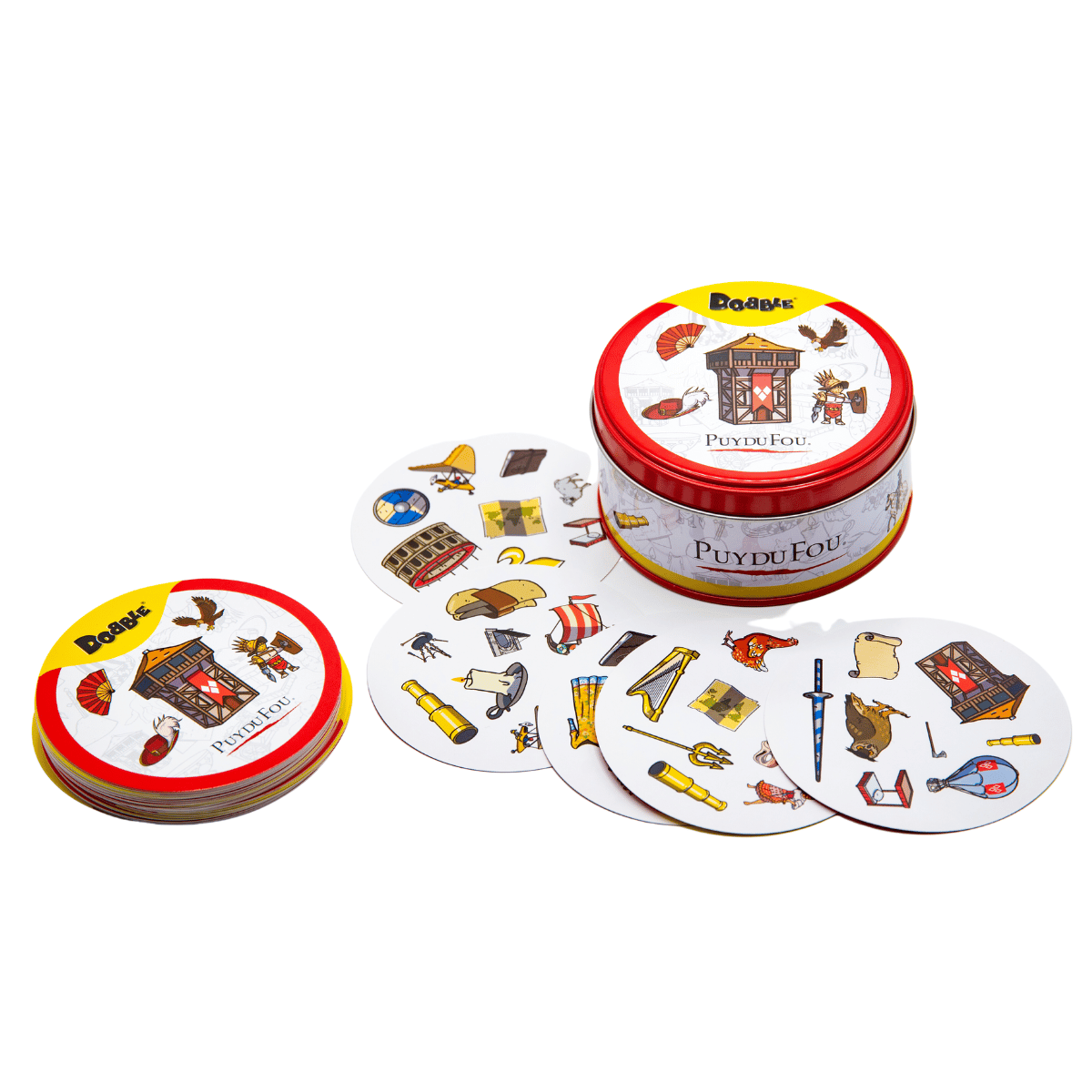 Jeu Dobble Puy du Fou avec son design coloré et ses symboles thématiques, disponible sur la boutique officielle du Puy du Fou.