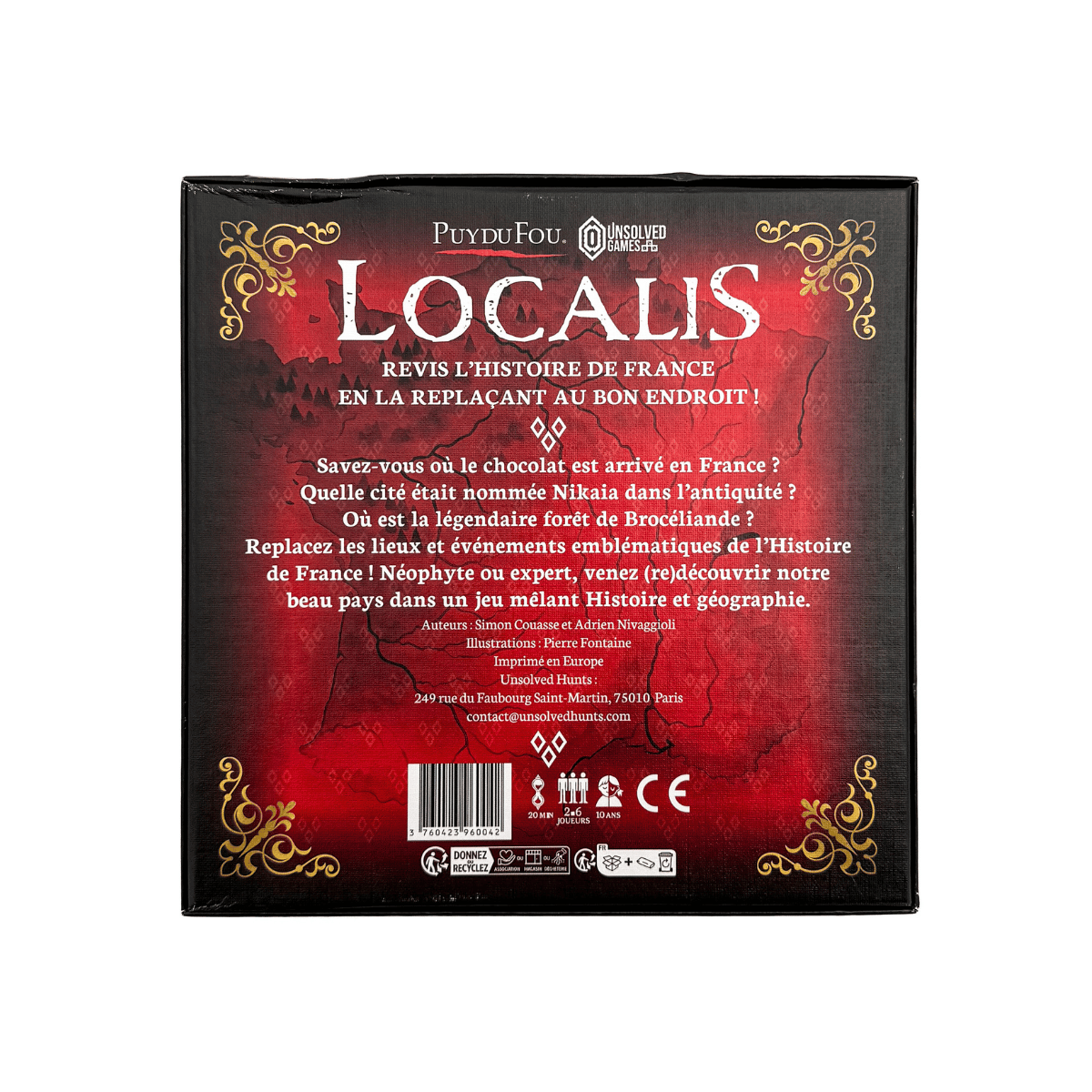 Dos de la boîte du jeu de société Localis Puy du Fou avec présentation, exemples de questions, informations éditeur et pictogrammes (20 min, 2–6 joueurs, 10 ans).