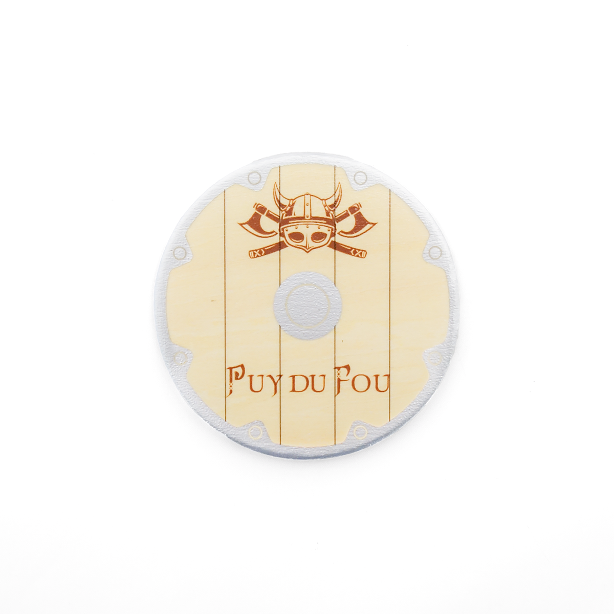 Magnet rond effet bois beige avec casque viking à cornes et haches croisées gravées en cuivre, logo Puy du Fou