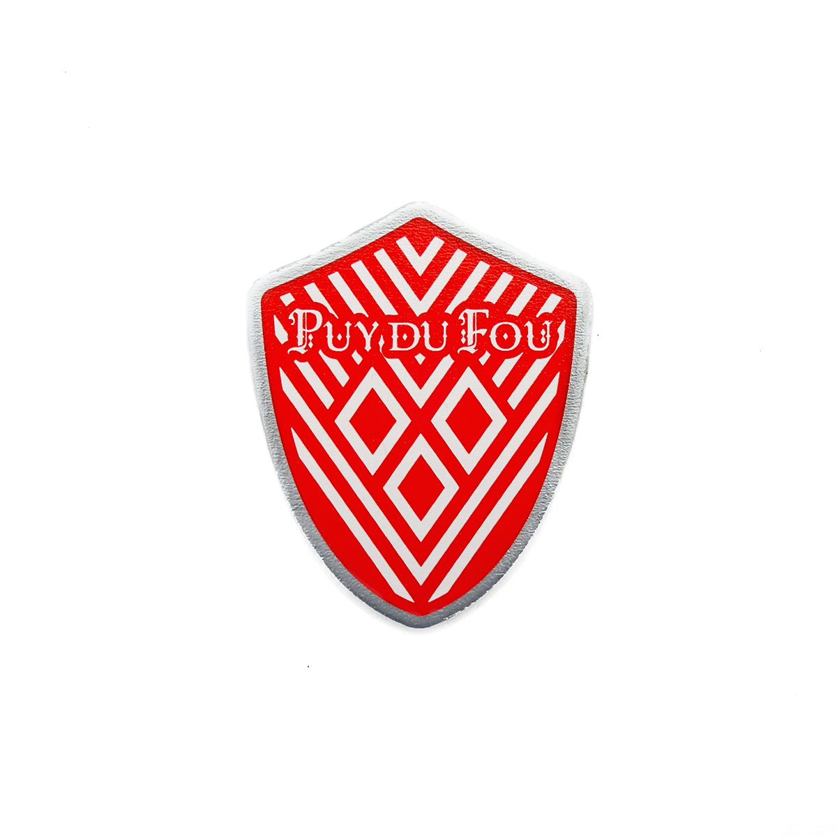 Magnet bouclier en forme de blason médiéval rouge et blanc avec mâcles du Puy du Fou - image détourée