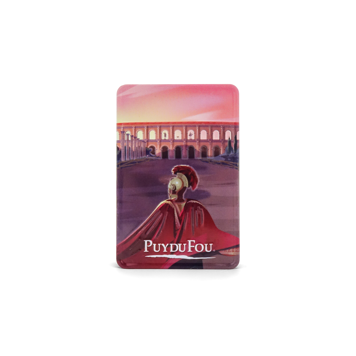 Magnet Puy du Fou Signe du Triomphe illustré d'un romain avec sa cape rouge devant l'arène au coucher du soleil