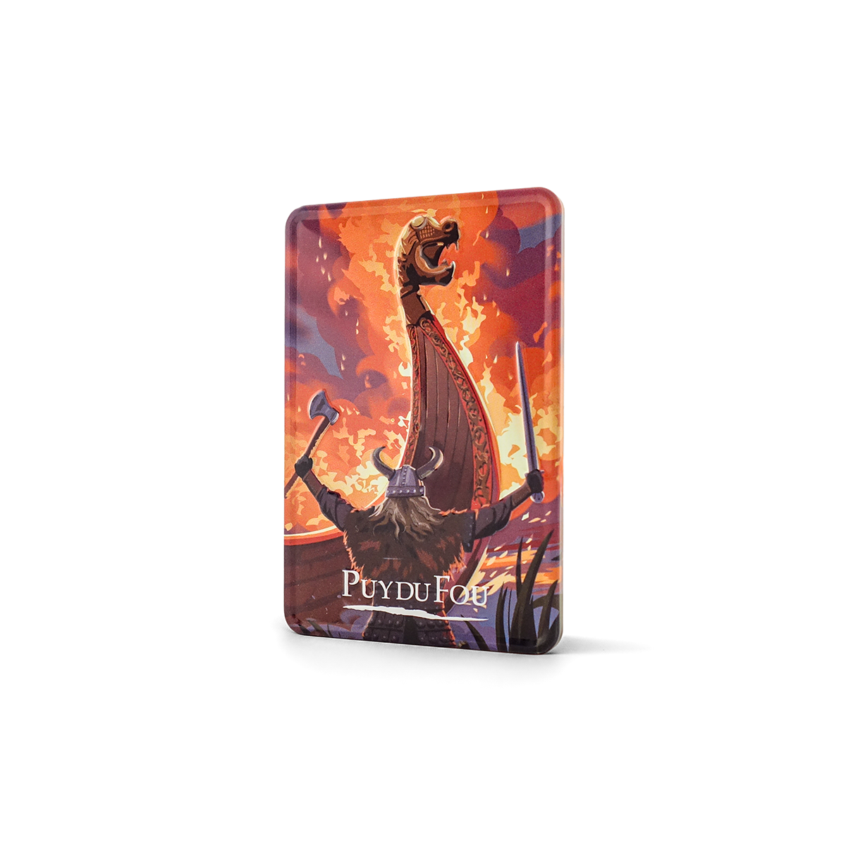 Magnet relief Vikings Puy du Fou, vue de trois quarts montrant l'effet bombé en métal