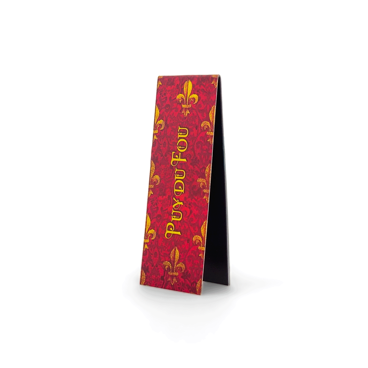 Marque-page magnétique Mousquetaire de Richelieu Puy du Fou ouvert en V, face arrière avec inscription Puy du Fou dorée sur fond rouge