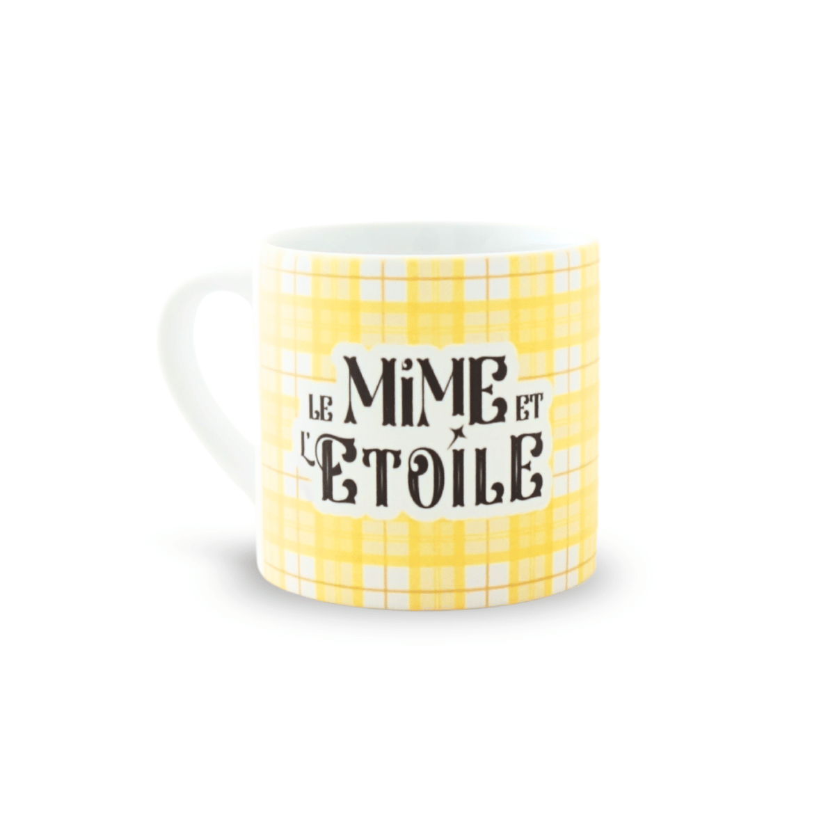 Mini mug jaune le Mime et l'Etoile - face texte spectacle