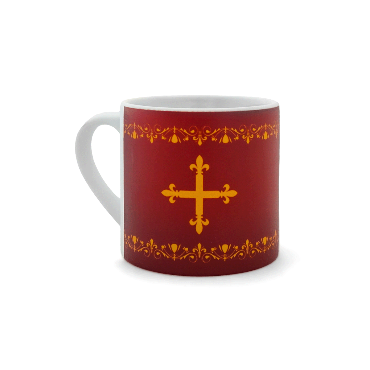 Mini mug rouge Mousquetaire Puy du Fou – motifs ornementaux dorés – spectacle Le Mousquetaire de Richelieu