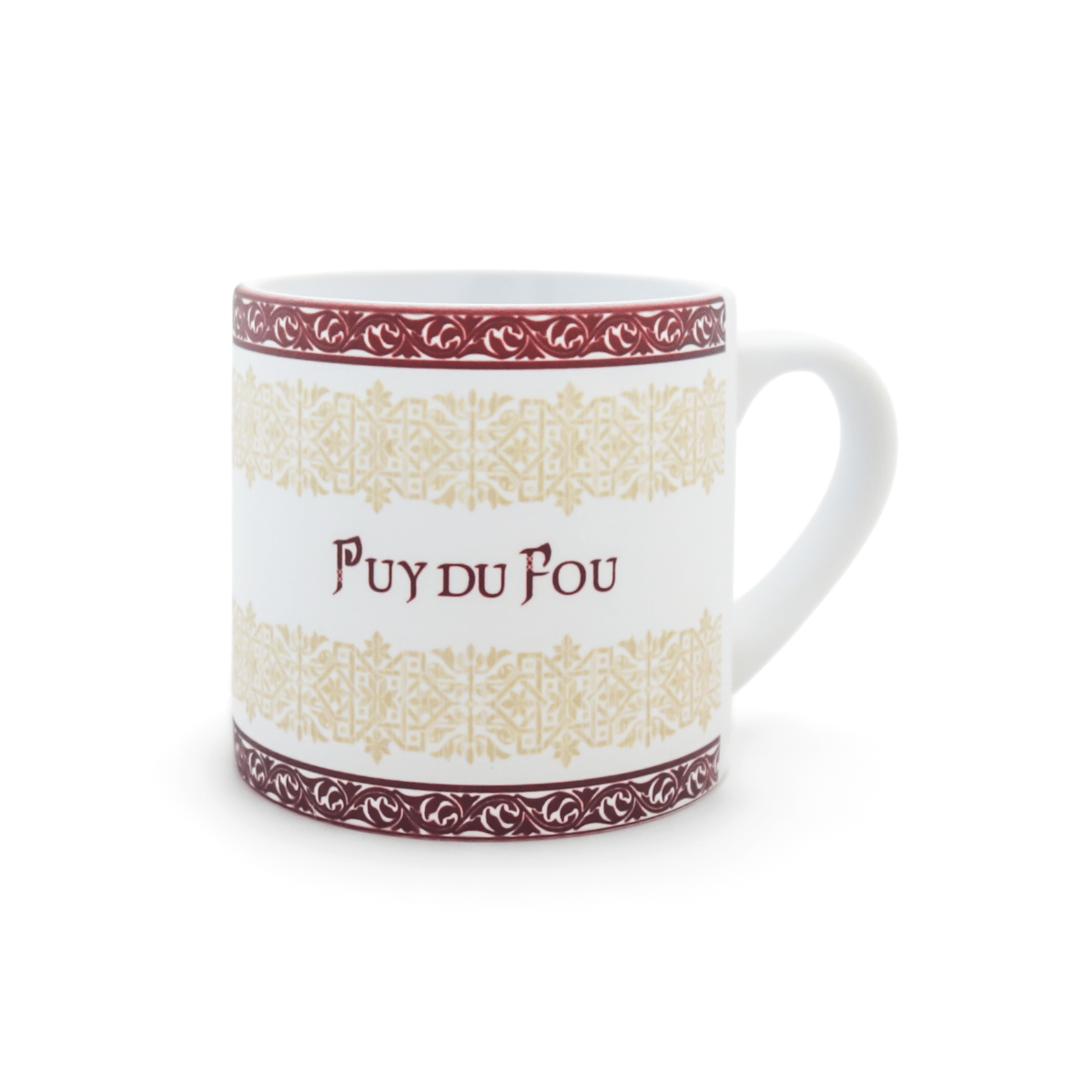 Mini mug Sybèle Puy du Fou, face avec signature et motifs inspirés de la robe de mariée de l'an 1000